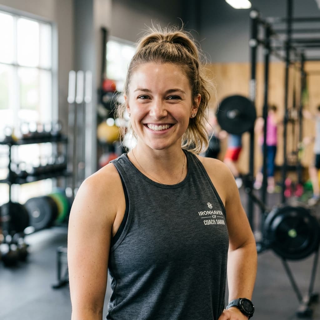 Coach en lid lachen samen voor de WOD